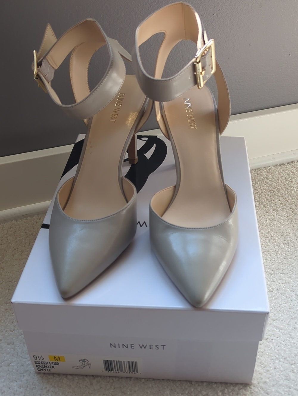 Nine West Gray Pointed-Toe Ankle-Strap Heels with Gold Buckle